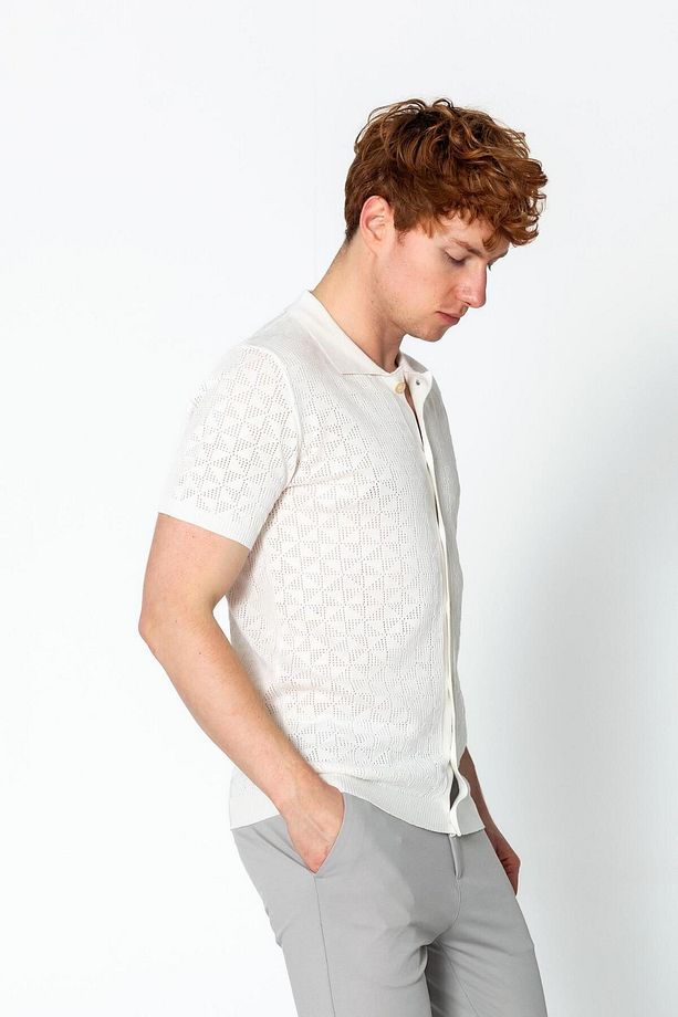 Erkek Off White Regular Fit Örme Rahat Triko Yazlık Gömlek Rn6484 - 4