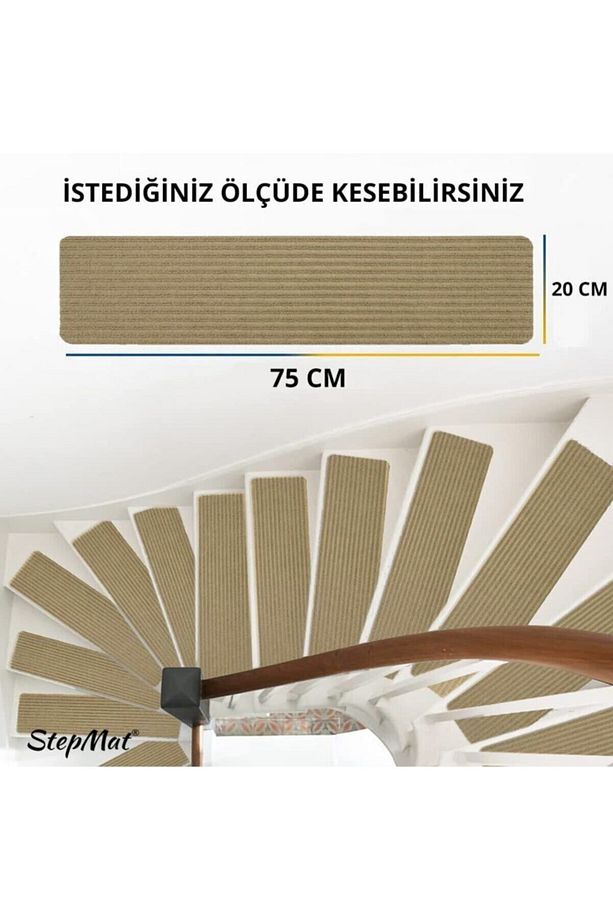 Kare Kaymaz Tabanlı Ve Yıkanabilir Merdiven Basamak Halısı - Bej / Adet Olarak Satılır - 5