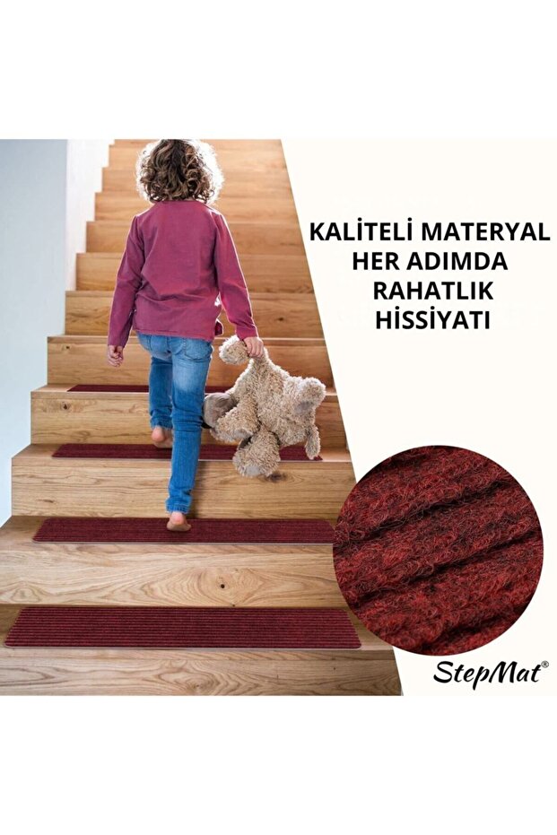 Kare Kaymaz Tabanlı Ve Yıkanabilir Merdiven Basamak Halısı - Bordo / Adet Olarak Satılır - 3