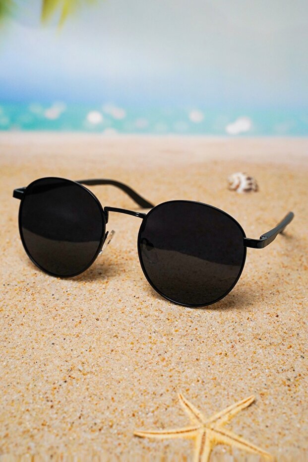 Unisex Black Round Oval Polarized Glass Sunglasses