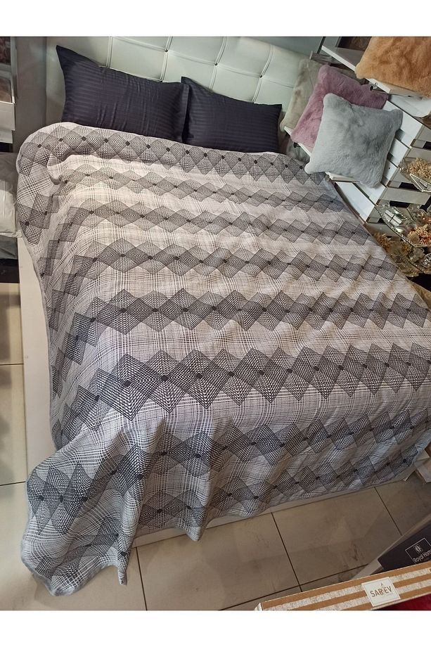 Geometrik Desen Baskılı 150x240 Cm. Tek Kişilik Tek Pike - Gri - 6