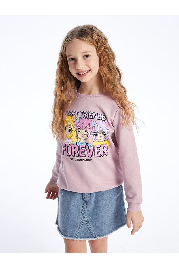 Crew Neck Printed Long Sleeve Girls Sweatshirt (W3)