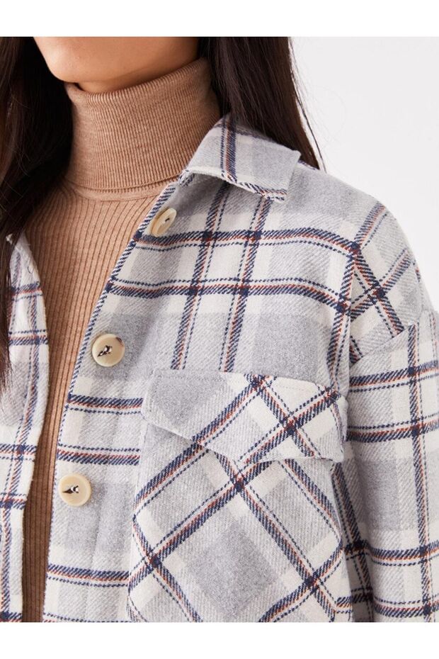 LCW Vision Ekose Uzun Kollu Oversize Kadın Gömlek Ceket - 3