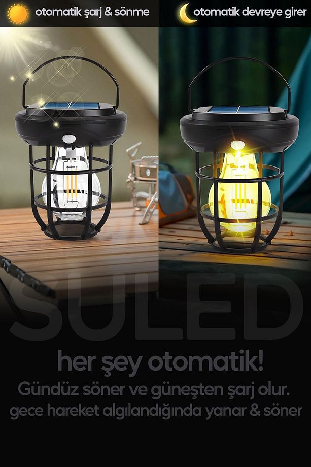 Solar Şarjlı Hareket Sensörlü Led Fener Işık 15W Askılı 3 Modlu Otomatik Led Kamp Bahçe Lambası - 6