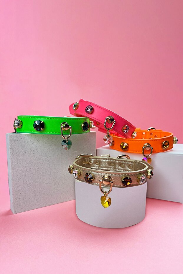 Pink Stone Detailed Dog Collar Vegan Leather Collar