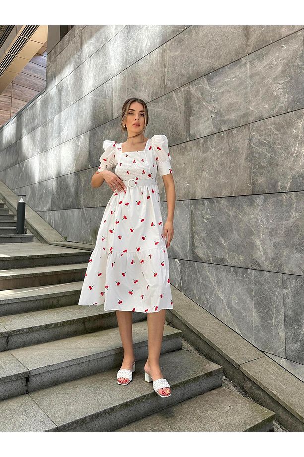Kirazlı Balon Kol Poplin Elbise Ekru - 4