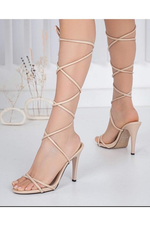Women's Thin Banded Pencil Heel Chimney Wrapped Nude Open Evening Dress Shoes