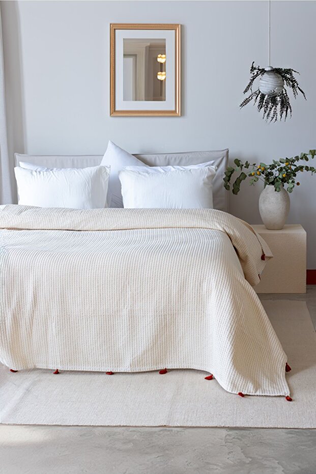 100% Cotton Soft Knitted Pique, Bedspread Double 240X260 cm Green Fringe
