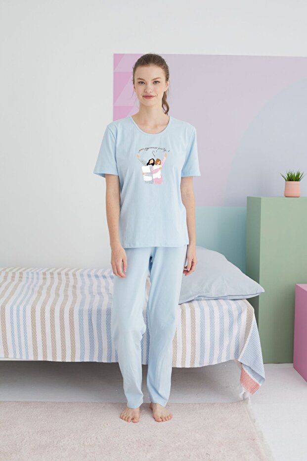 mavi Pamuklu Örme Pijama Takım - 2