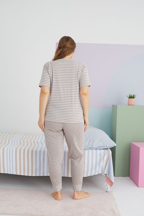çok renkli Curve Büyük Beden Battal Boy Pamuklu Örme Pijama Takımı - 3