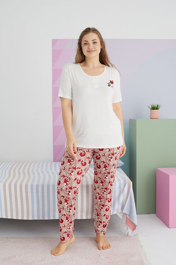 çok renkli Curve Büyük Beden Battal Boy Viskon Örme Pijama Takımı - 2