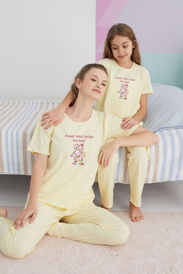 sarı Pamuklu Örme Pijama Takım - 1