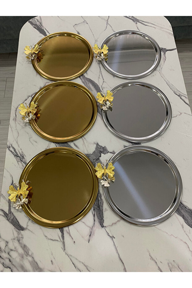 6-Piece Butterfly 3 Silver 3 Gold Round Presentation Tray Decorative Serving Tray for Tea, Coffee 22 cm