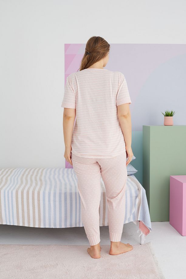 çok renkli Curve Büyük Beden Battal Boy Pamuklu Örme Pijama Takımı - 3