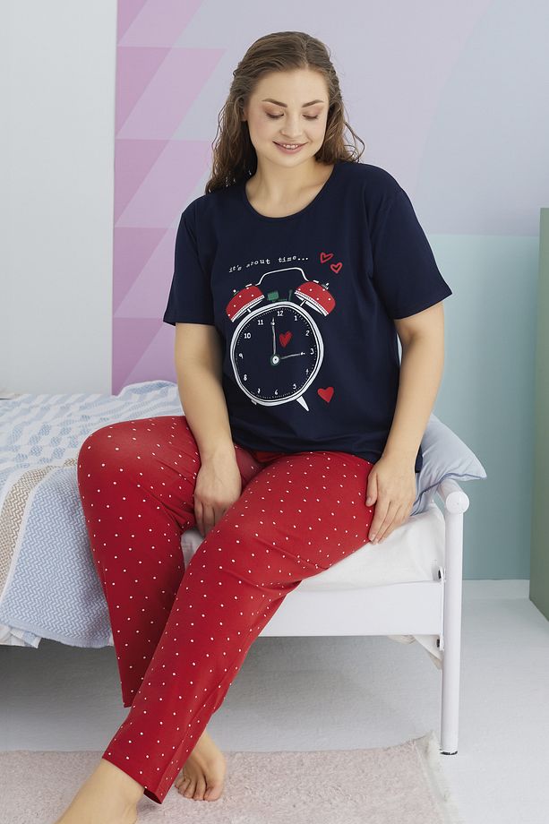 çok renkli Curve Büyük Beden Battal Boy Pamuklu Örme Pijama Takımı - 1