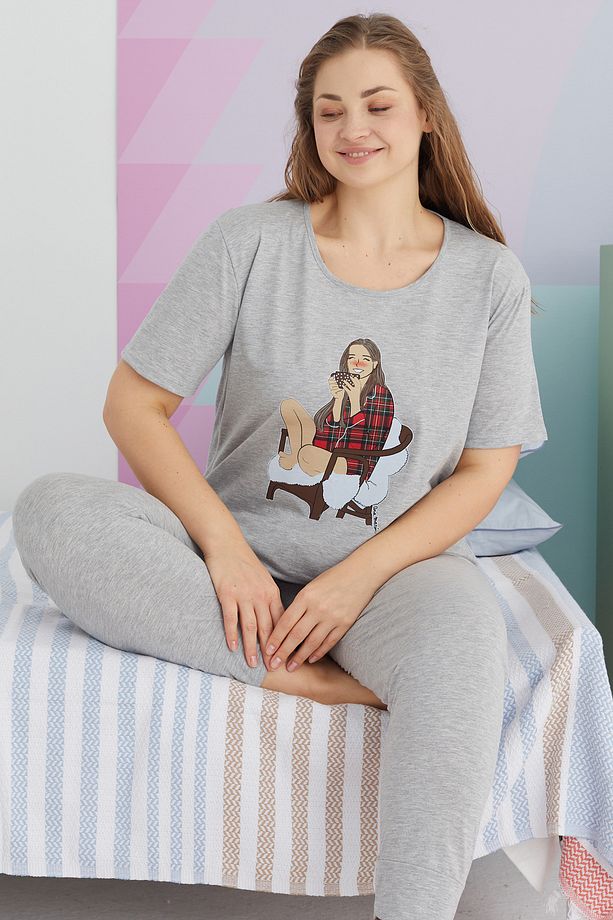 çok renkli Curve Büyük Beden Battal Boy Pamuklu Örme Pijama Takımı - 1