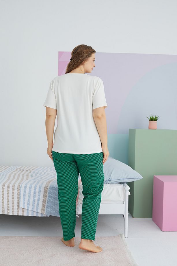 çok renkli Curve Büyük Beden Battal Boy Pamuklu Örme Pijama Takımı - 3