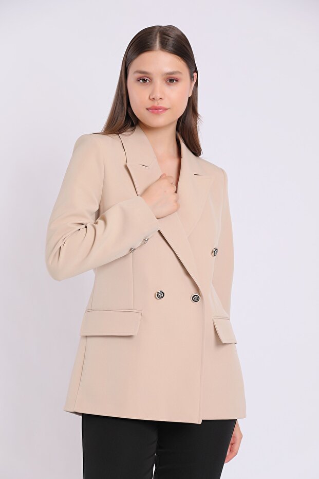 Polyester Elastane Fabric Double Breasted Jacket with Metal Button Detail - 3