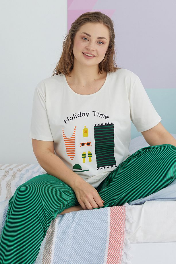çok renkli Curve Büyük Beden Battal Boy Pamuklu Örme Pijama Takımı - 1