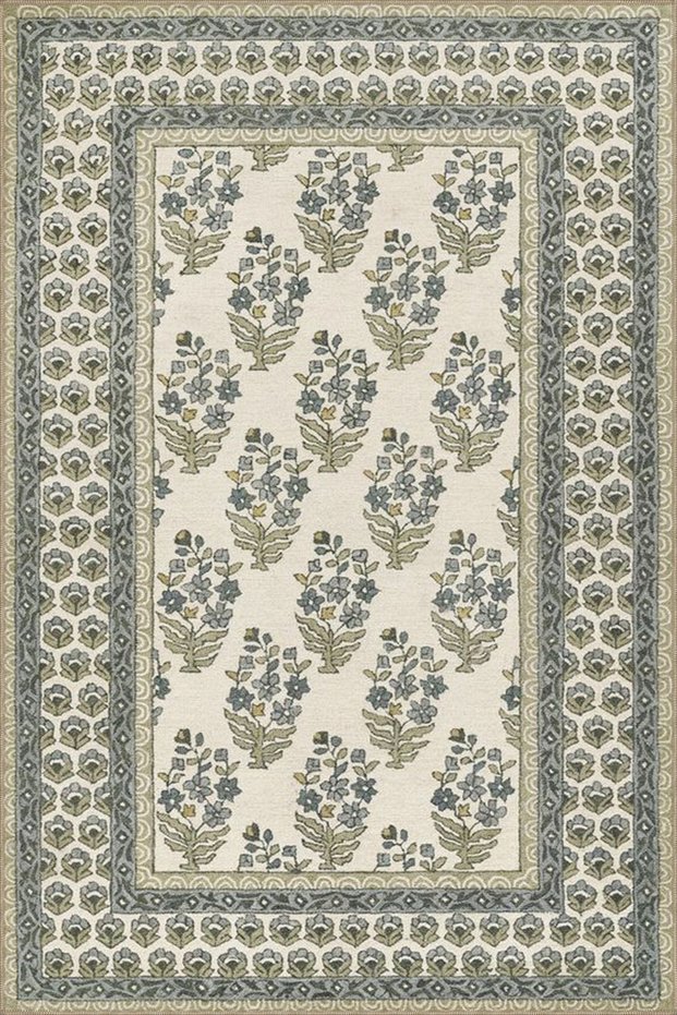 Green Framed Cream Pastel Painted Floral Decorative Washable Carpet Miravip9001