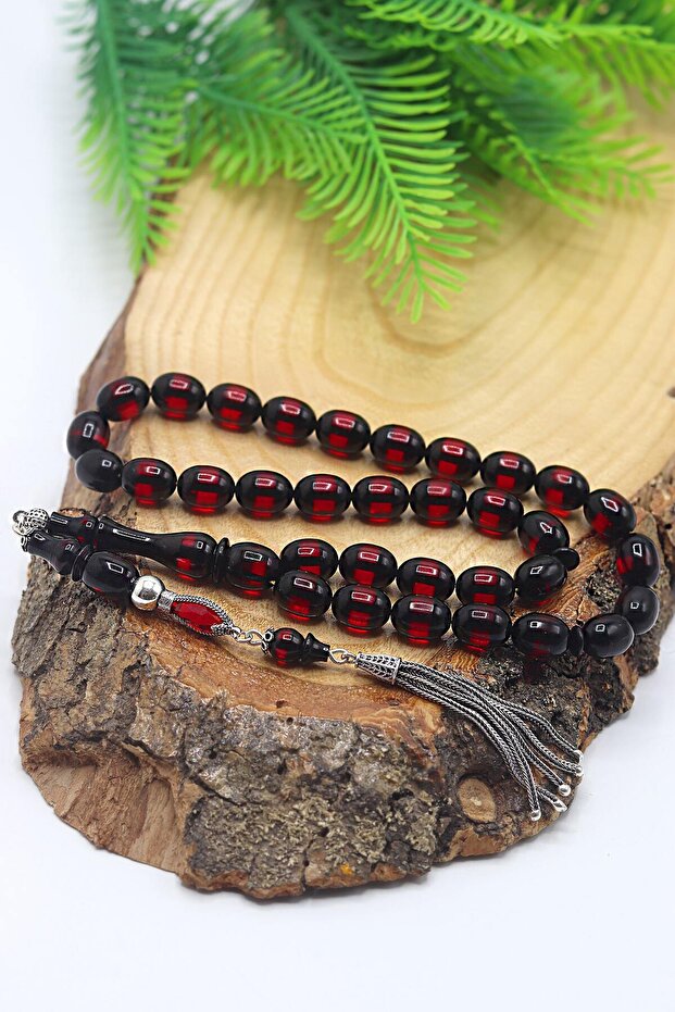Red Vernier Alexander Cut Rosary with Silver Tassels - Fire Amber 201023176