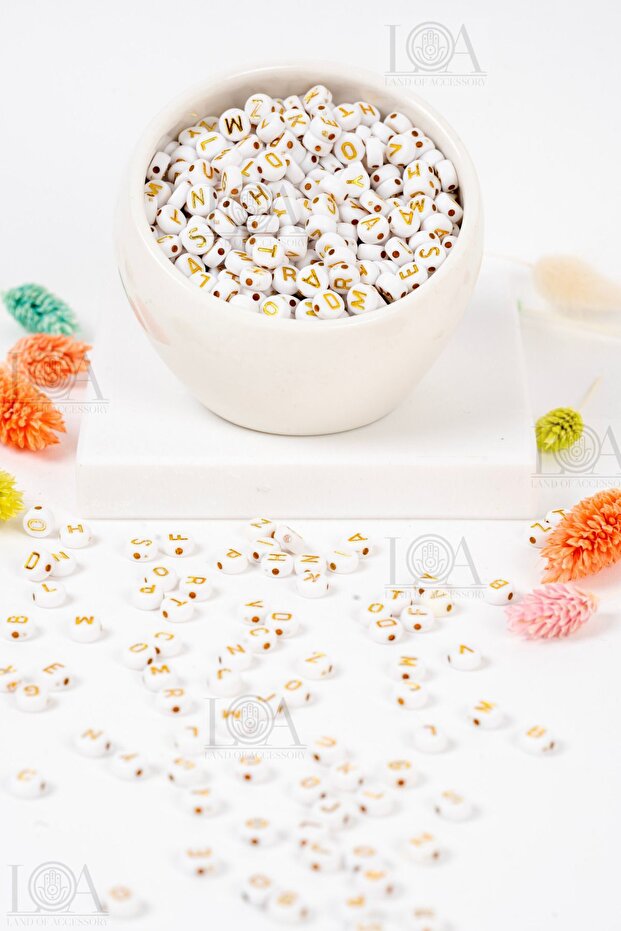 4X7 mm Plastic Flat Mixed Letter, Gold A-Z Letter Beads on White -(25 Grams ~ 150 Pieces)