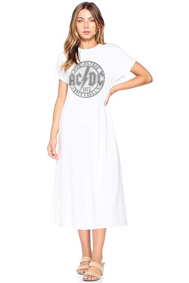 Acdc White Crew Neck Short Sleeve Combed Cotton Long Dress in the Circle