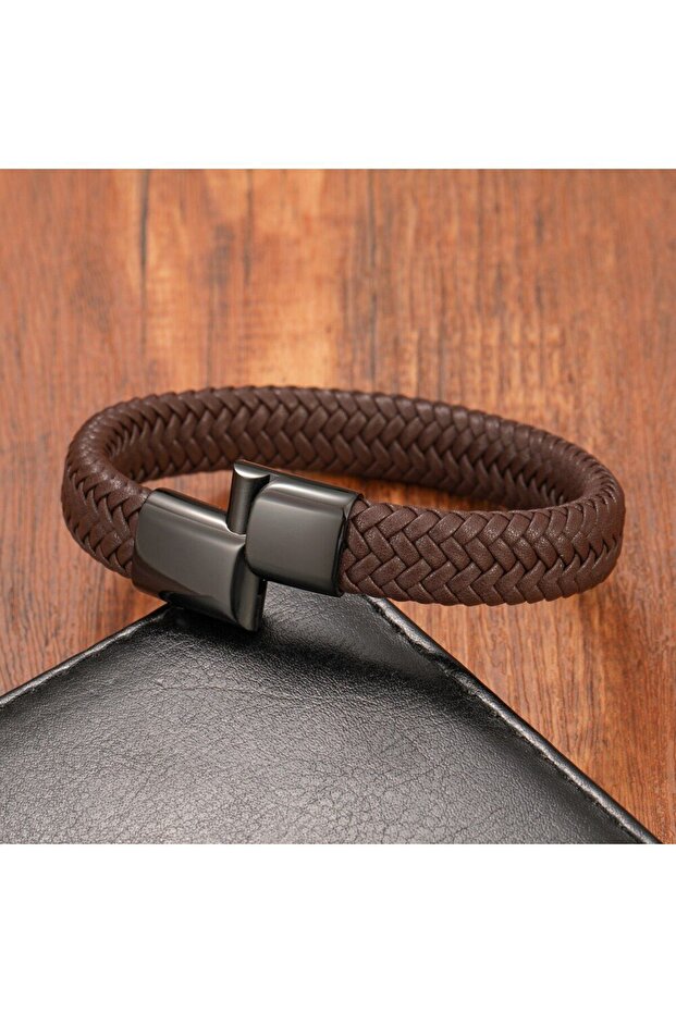 Çelik ve Deri Örme Klipsli Bileklik - 4