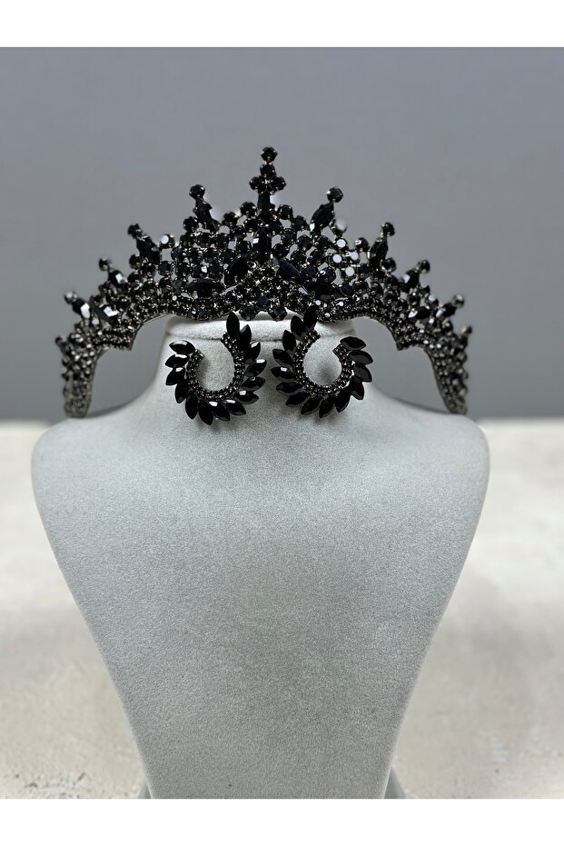 Tokyo Embellished Bridal Wedding Henna Tiara Leaf Earring Set Black