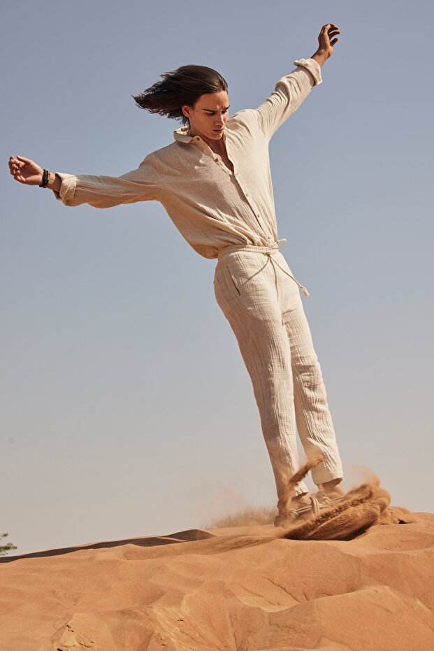 Beige Muslin Linen Shirt & Pants Set - 5