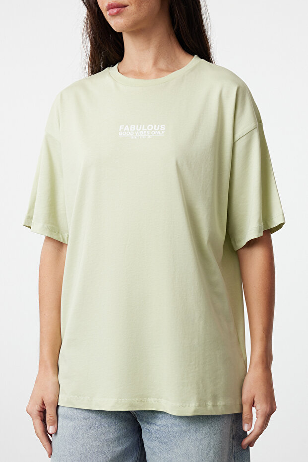 Mint %100 Pamuk Sırt ve Ön Baskılı Oversize/Geniş Kesim Örme T-Shirt TWOSS24TS00183 - 4