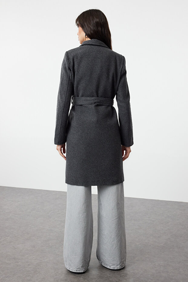 Hosszú gyapjú antracit bélyegző kabát - öves, TWOAW20KB0033 - 5