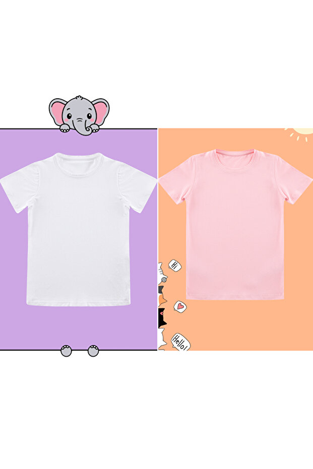 Beyaz-Pembe 2'li Kız Çocuk Pamuklu Basic Regular Kalıp Kısa Kol Örme T-Shirt TKDSS24TS00021 - 4