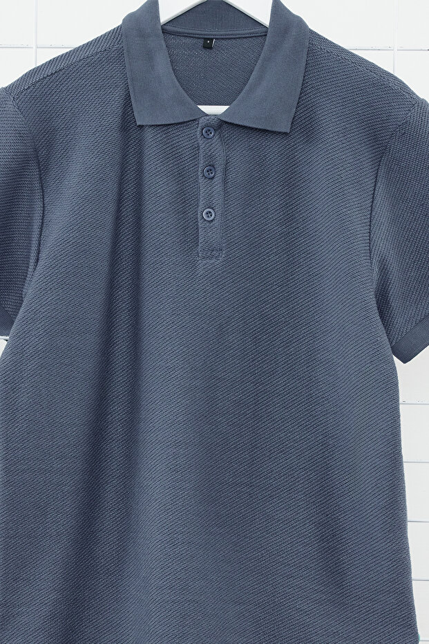 Indigo Regular/Normal Kesim Kısa Kol Dokulu Düğmeli Polo Yaka T-shirt TMNSS23PO00018 - 3