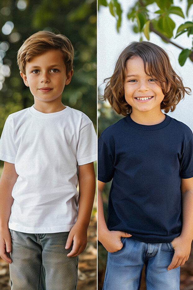 Lacivert-Beyaz 2'li Erkek Çocuk Pamuklu Basic Regular Kalıp Kısa Kol Örme T-Shirt TKDSS24TS00018 - 1