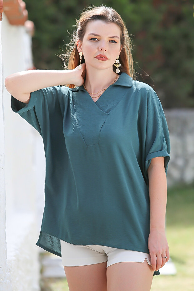 Petrol Green Shirt Collar Short Sleeve Long Woven Back Casual Blouse