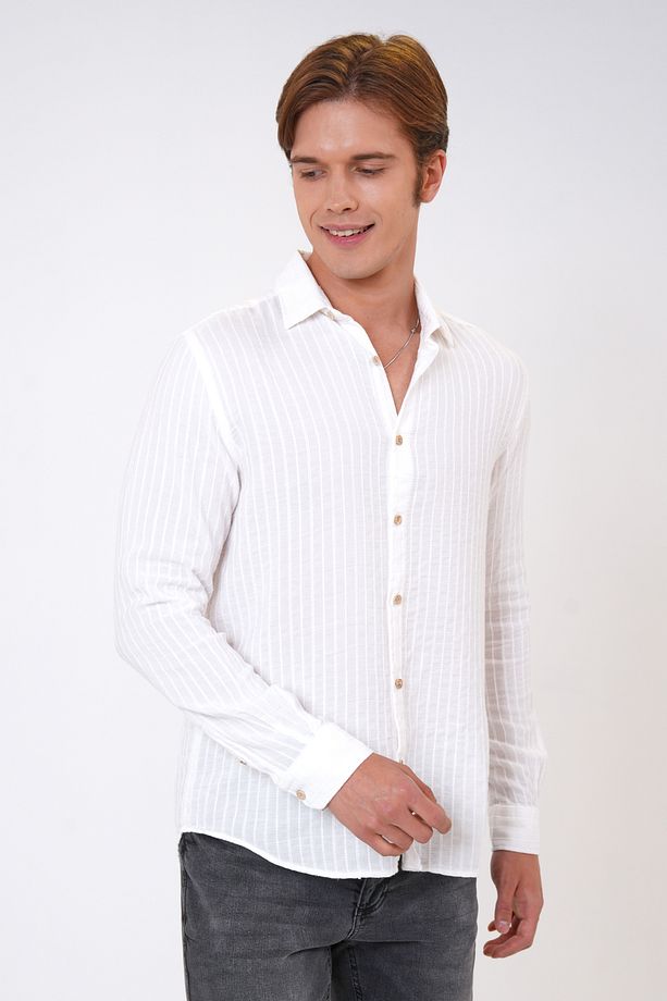 Ekru Regular Fit Pamuklu Desenli Gömlek - 2
