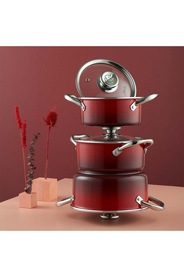 طقم أواني طهي متوسطة الحجم مكون من 6 قطع باللون الأحمر الداكن - 1