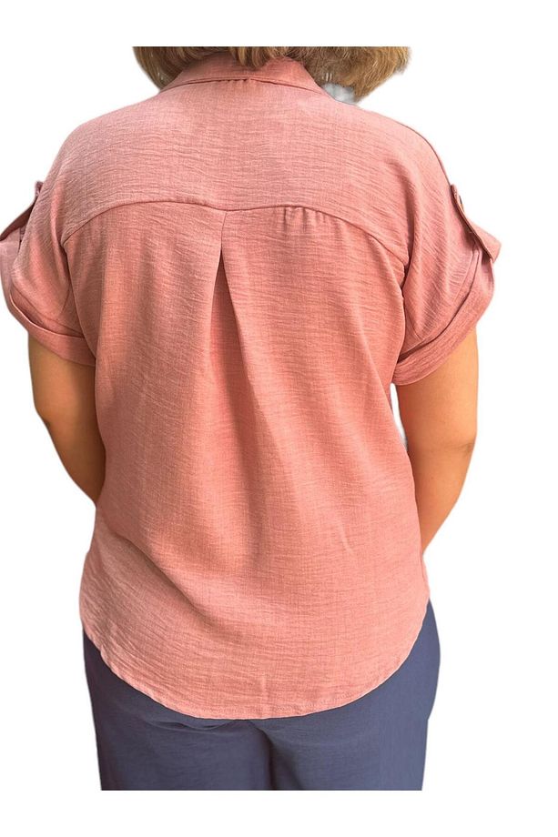 Kadın Gömlek Pembe Oversize Kısa Kollu Tek Cep Göz Desenli - 3