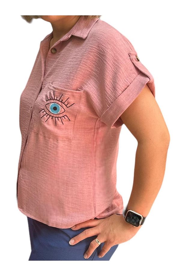 Kadın Gömlek Pembe Oversize Kısa Kollu Tek Cep Göz Desenli - 2