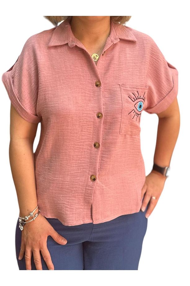 Kadın Gömlek Pembe Oversize Kısa Kollu Tek Cep Göz Desenli - 1