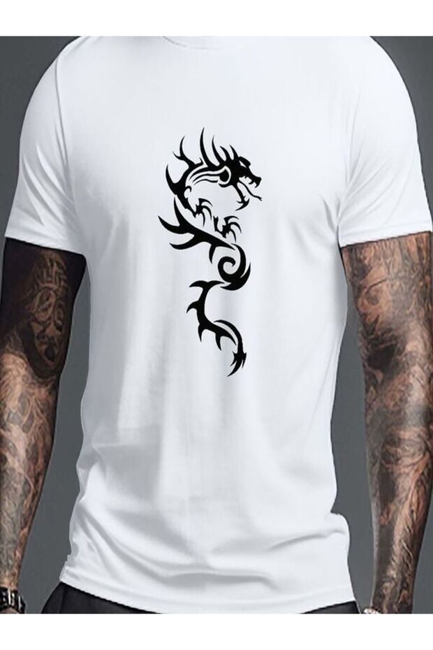 White Printed Oversize T-Shirt - Crew Neck, Short Sleeve