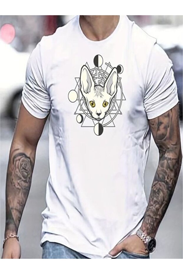 White Printed Oversize T-Shirt - Crew Neck, Short Sleeve