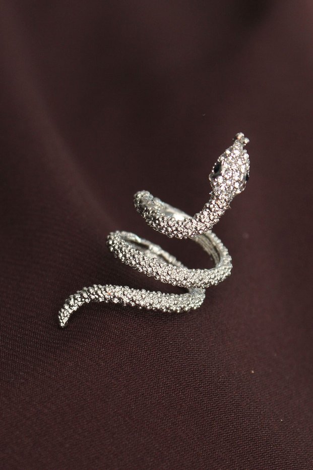 Adjustable Silver Snake Ring with Zircon Stone Detail