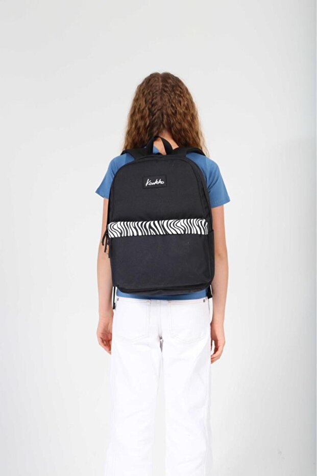 حقيبة ظهر مدرسية ذات ألوان أساسية منقوشة باللون الأسود - K1626 - 2