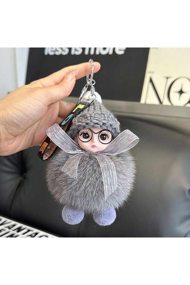 Miniature Gray Eyeglassed Furry Keychain Doll 10cm Fluffy Plush Toy