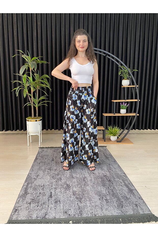 Women's Mosaic Flower Patterned Ruched Lycra Woven Pants Skirt