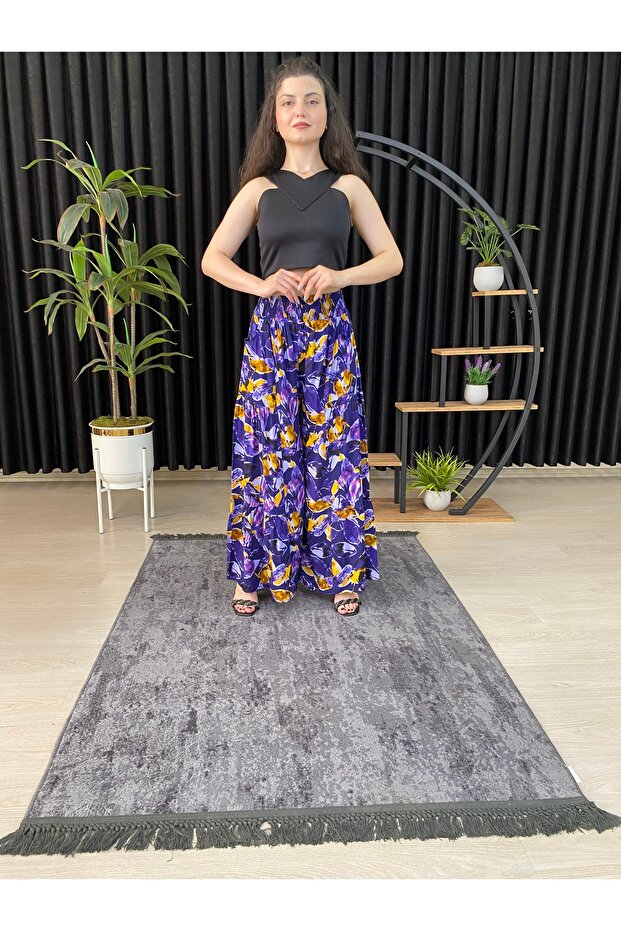 Women's Purple Flower Patterned Ruched Lycra Woven Pants Skirt