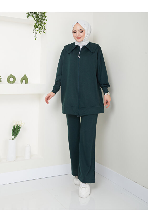 Women's Modest Pants Set with Slit Pant Leg and Collar Detail