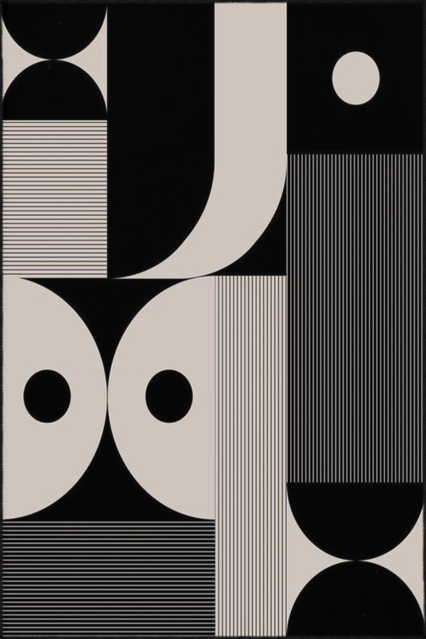 Black Modern Round Themed Patterned Decorative and Washable Carpet Miravip9309